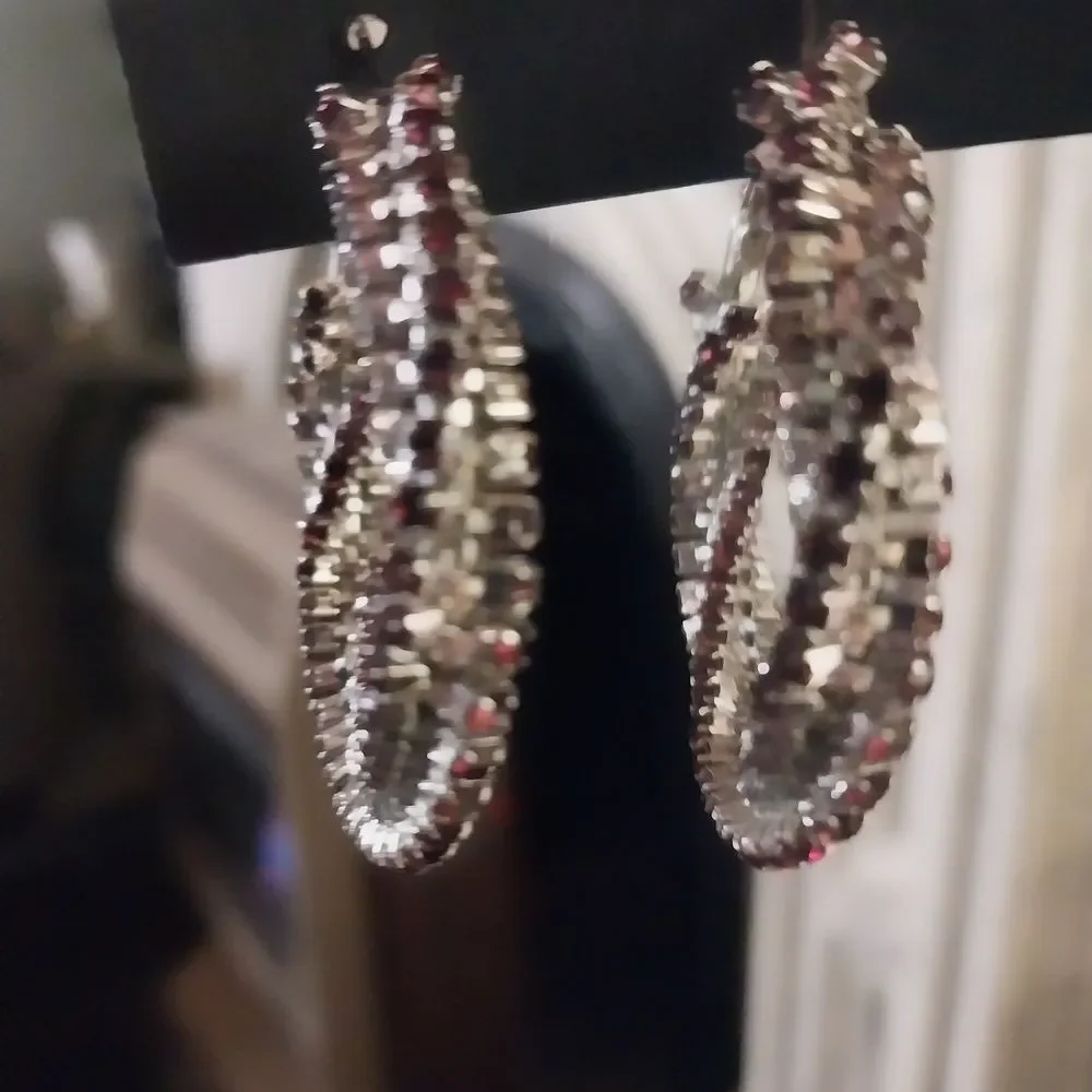 Elegant Silver and Ruby Pierced Hoop Earrings